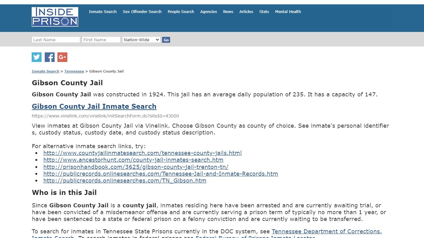 Gibson County Jail - Tennessee - Inmate Search - Inside Prison